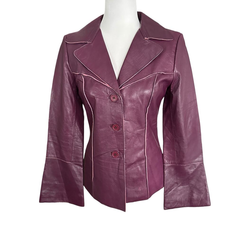 NWOT Abandon Women's Italian Leather Jacket Blazer Purple Long Sleeves Size S